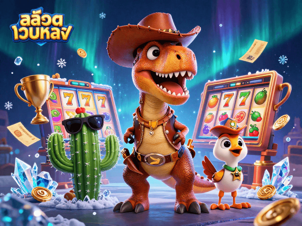 Engage with สล็อตเว็บตรง through a thrilling 3D casino scene filled with dynamic slot elements and characters.