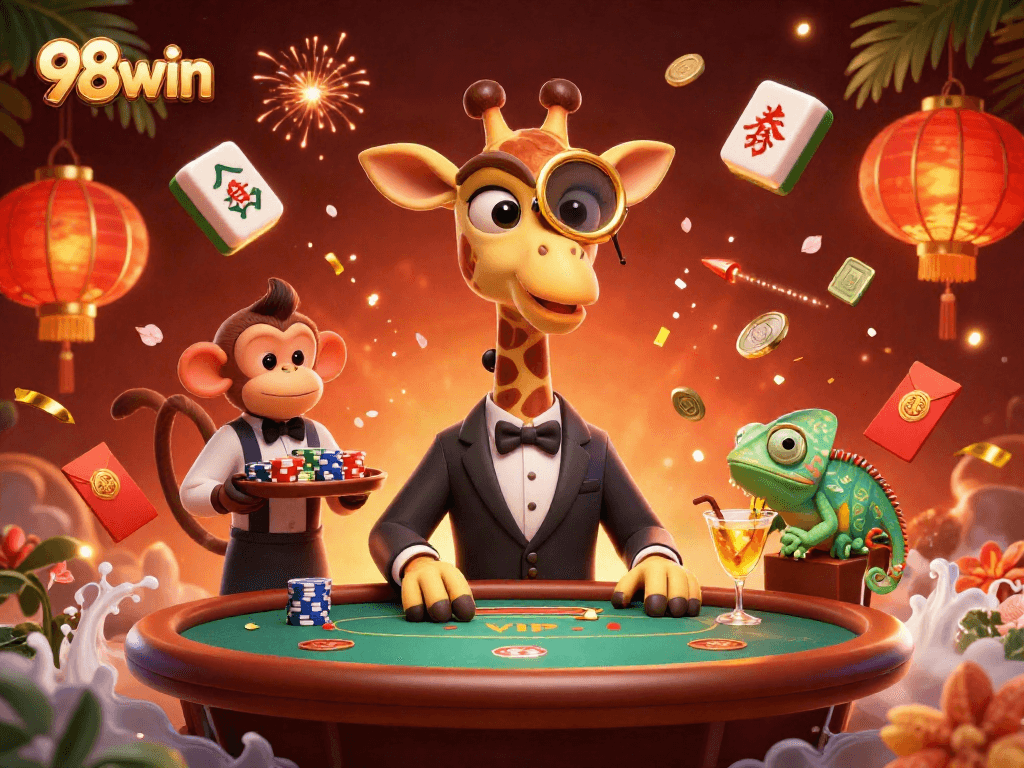 Play and win big at 98win with this vibrant 3D casino illustration depicting high-stakes action.