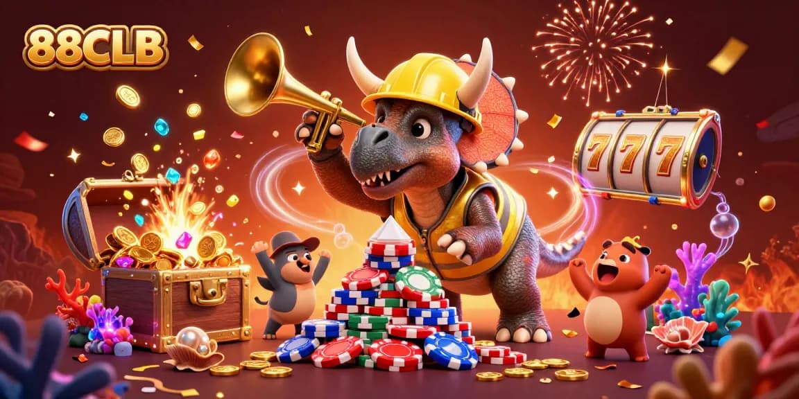 Engage with the 88CLB vivid casino animation, featuring a triceratops celebrating jackpot wins.