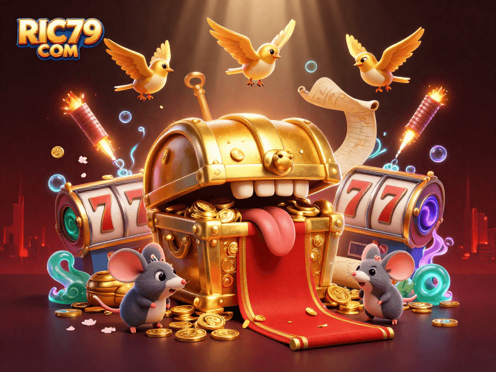 Win big with RIC79 COM in a vibrant 3D casino scene filled with treasures and excitement.