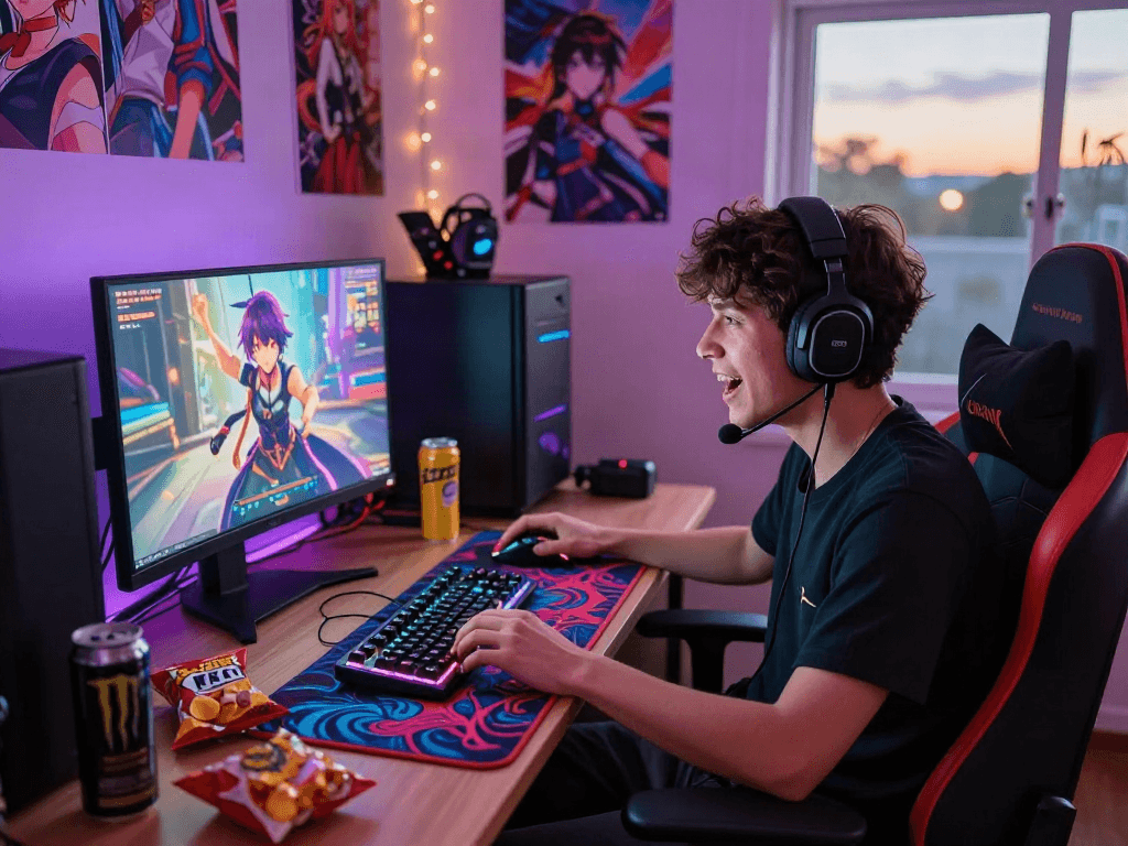Player enjoying a hentai game with animated characters at a vibrant gaming setup.