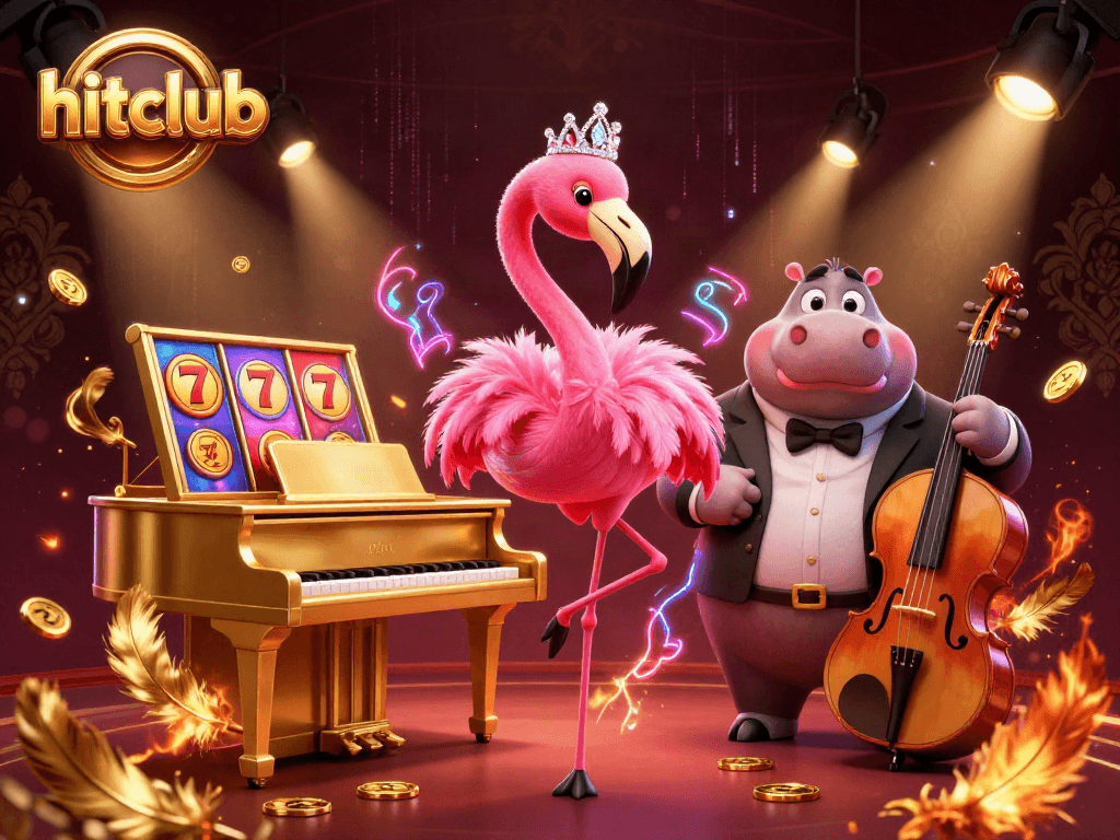 hitclub showcases vibrant casino energy with a flamingo singer, hippo bassist, and slot reels.