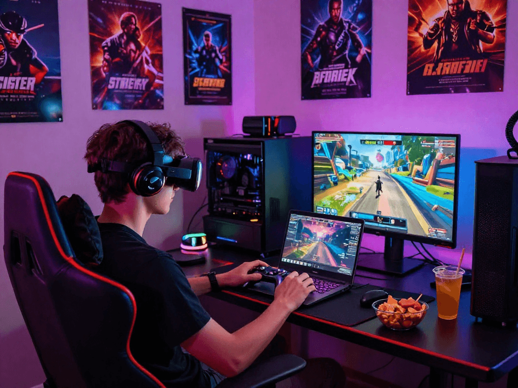Engaging atmosphere of a player enjoying a porn game on a laptop with vibrant gaming decor.