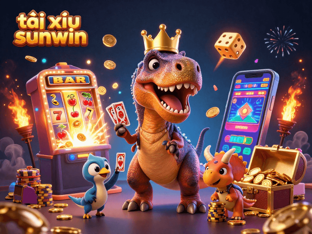 Engage in tài xỉu sunwin with vibrant card-playing dinosaurs and dazzling casino elements.