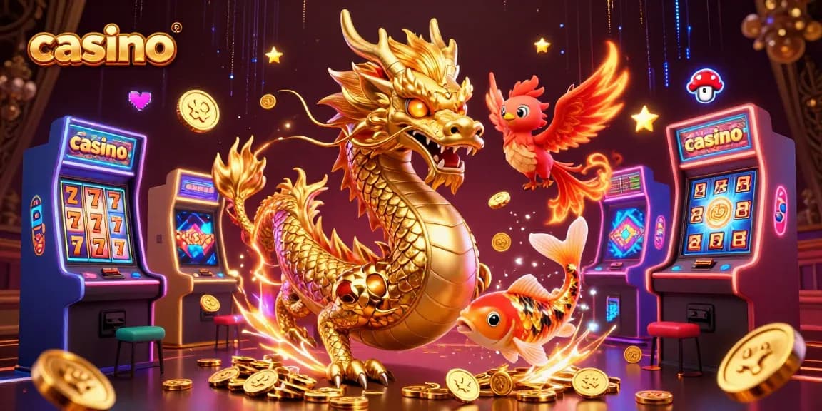 Engaging casino scene featuring a golden dragon, red phoenix, and koi fish amidst vibrant slot machines.