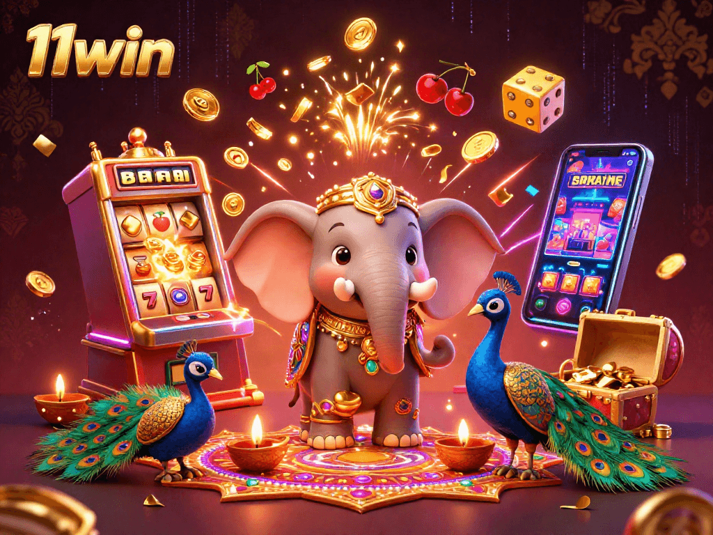 Experience the excitement of 11win with vibrant Diwali-themed casino illustration featuring jackpots and colorful games.