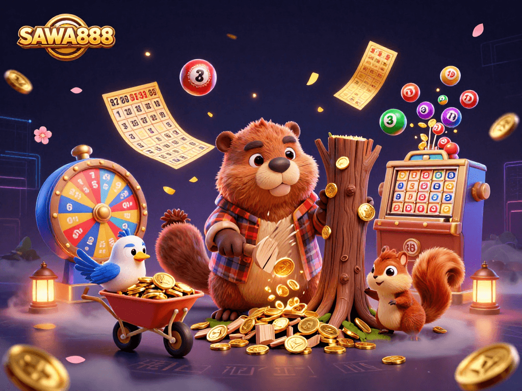 Engaging SAWA888 illustration showcasing a beaver, bird, and squirrel amidst energetic gambling elements.