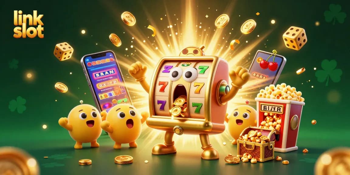 Mainkan link slot dengan mesin slot emas yang mengejutkan, koin berhamburan di sekitarnya.