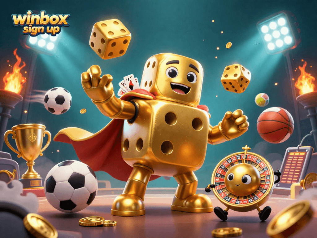 Join the action with Winbox sign up, featuring dynamic golden dice and sports elements.