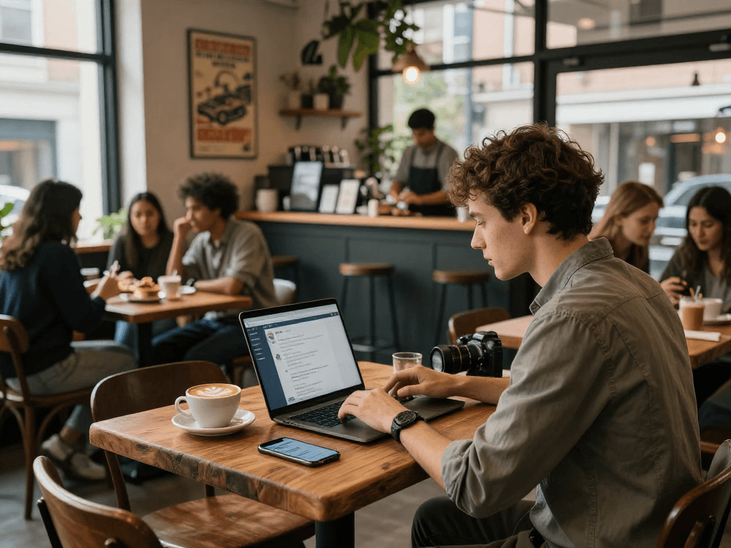 Engaging nsfw ai chat in a cozy café setting with laptop and coffee.