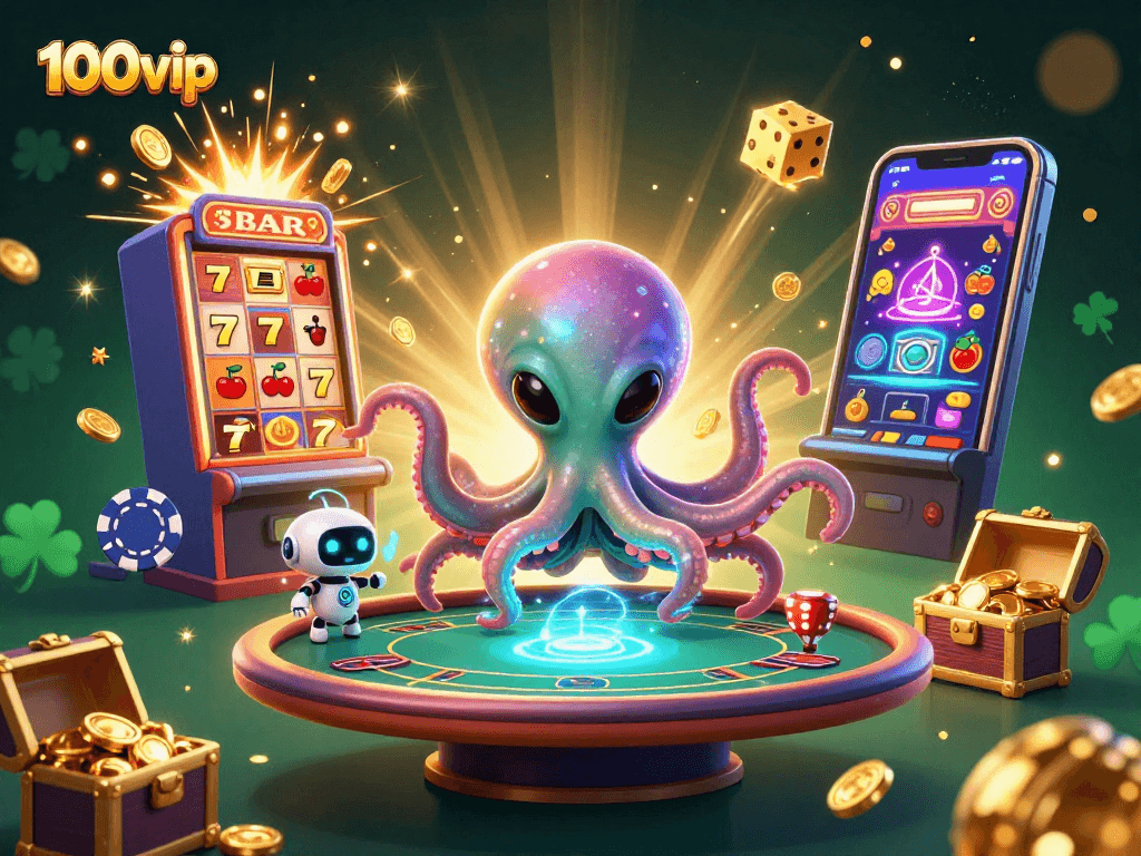 Experience thrilling gameplay at 100vip with an alien octopus at a poker table amidst a cosmic jackpot explosion.