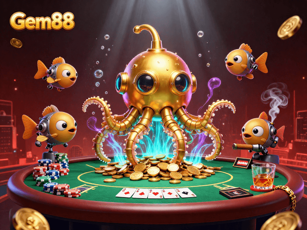 Join the adventure with Gem88, featuring a golden kraken submarine amid poker excitement and dynamic gameplay.