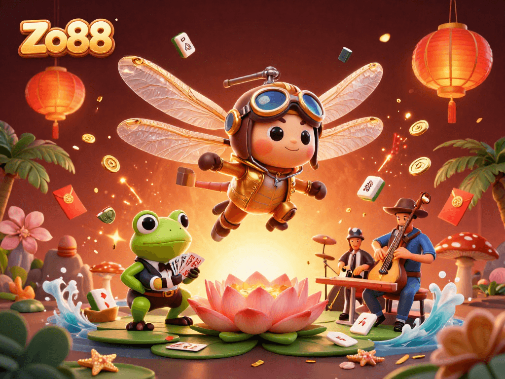 Enjoy thrilling gaming action at Zo88 with a lively casino scene featuring a frog dealer and musicians.