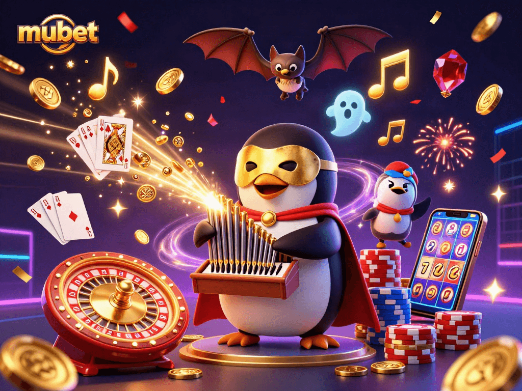 Experience the excitement of mubet with a dynamic 3D casino scene featuring animated characters and vibrant game elements.