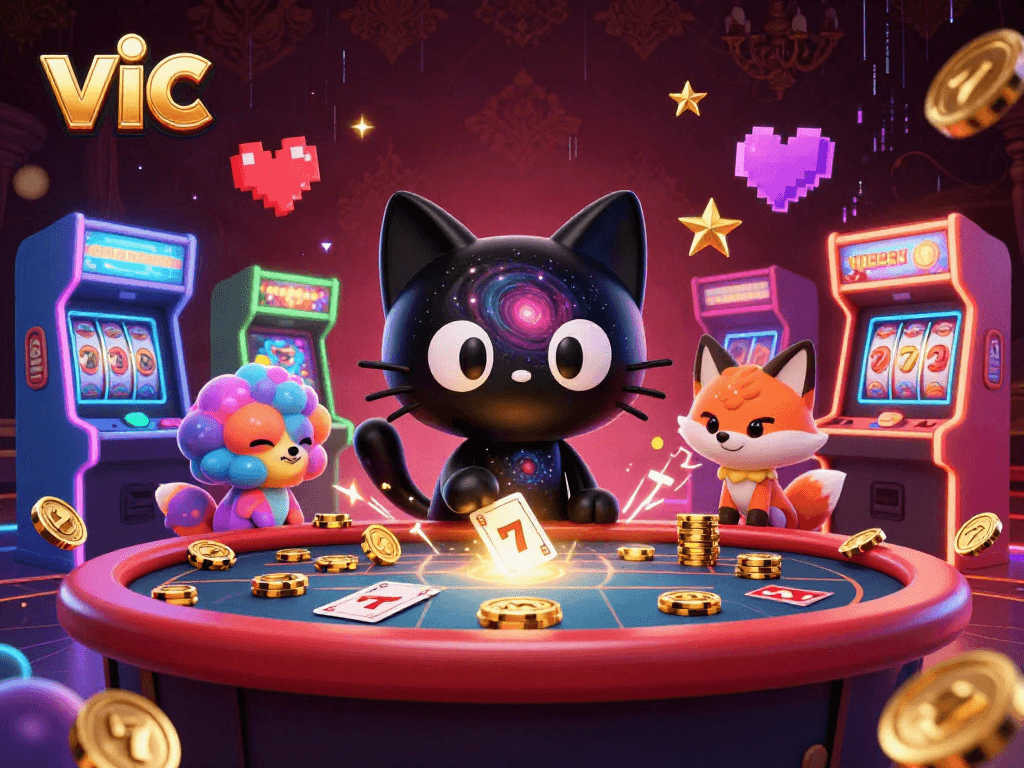 Engage with vic in a cosmic casino scene featuring vibrant elements and characters for immersive gameplay.