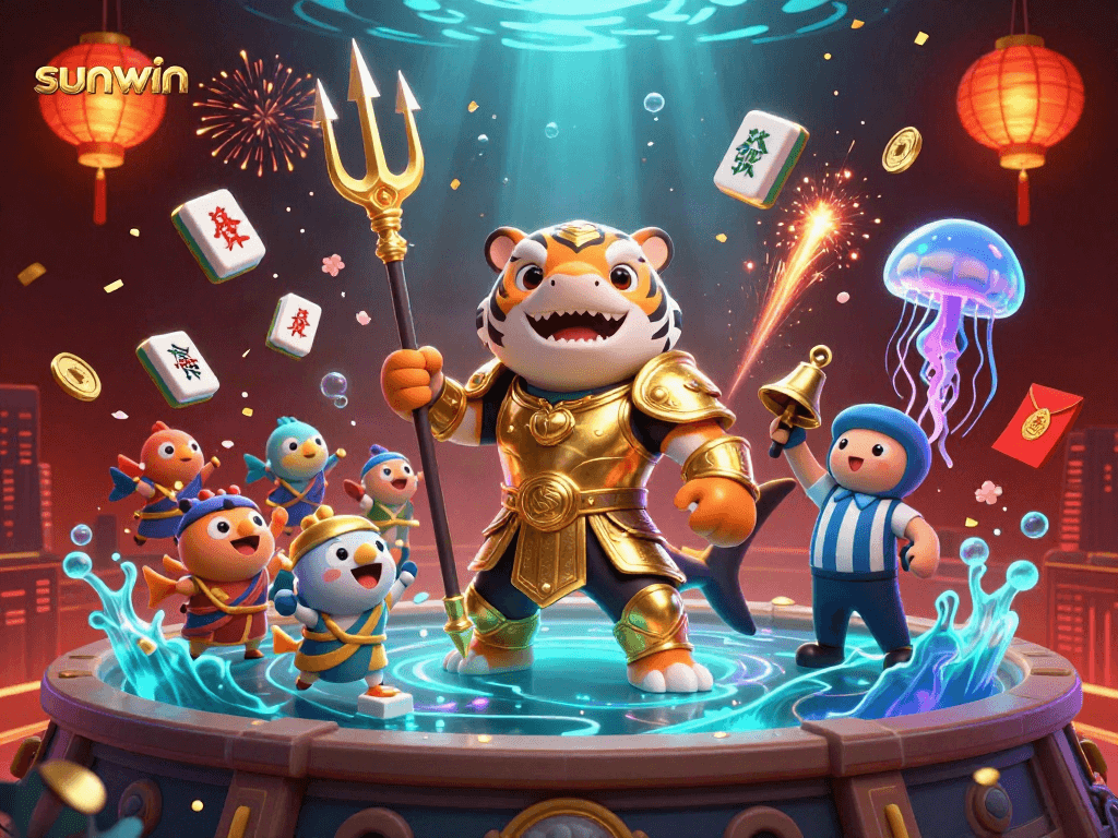 Engage with sunwin's thrilling underwater casino scene featuring a gladiator shark and festive elements.