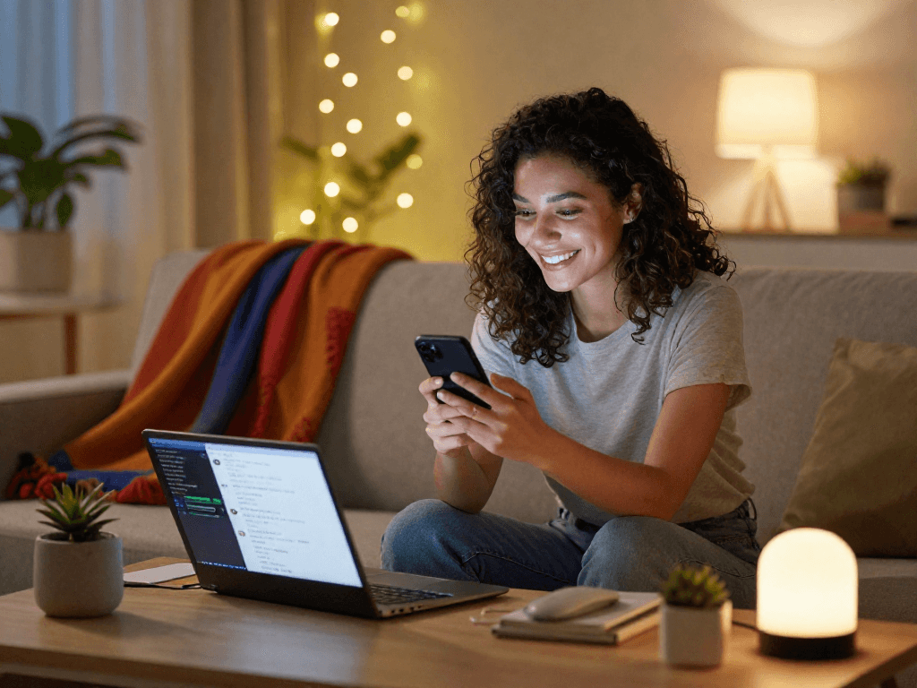 Engaging in nsfw ai chat in a cozy living room setting.
