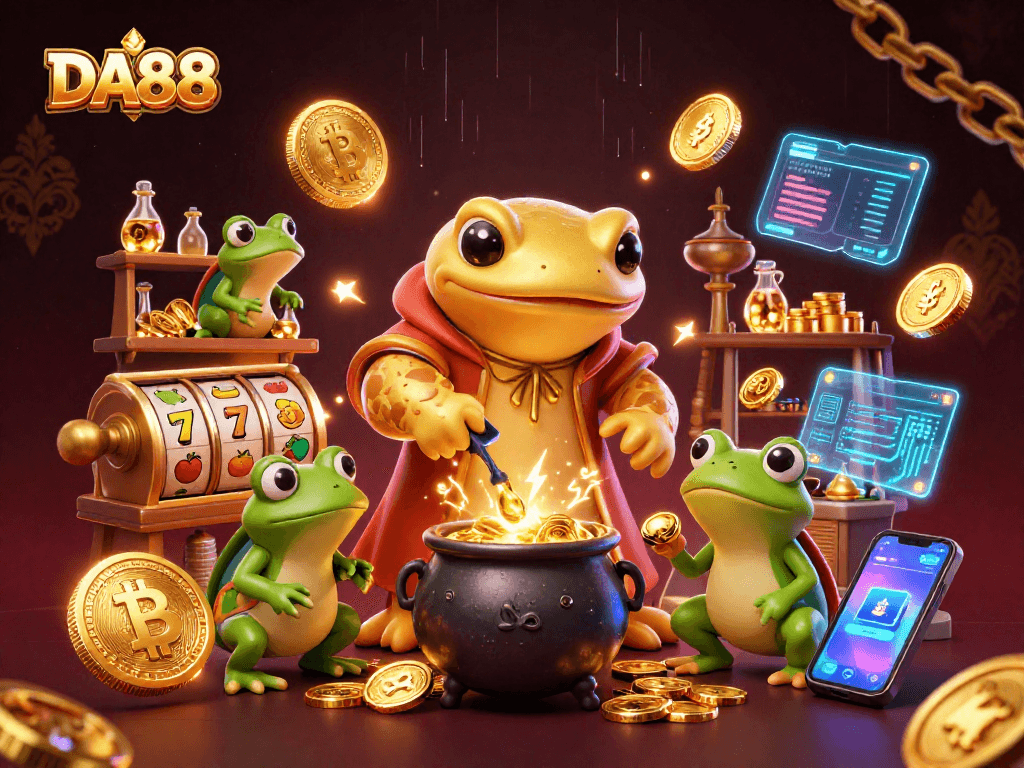 Win big at DA88 casino with gold coins and vibrant digital elements showcasing slot games and rewards.