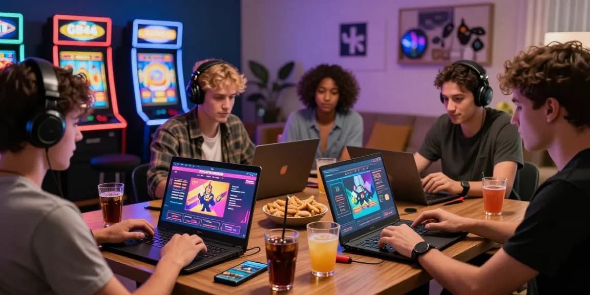 Friends enjoying live games on GB444's platform in cozy living room.