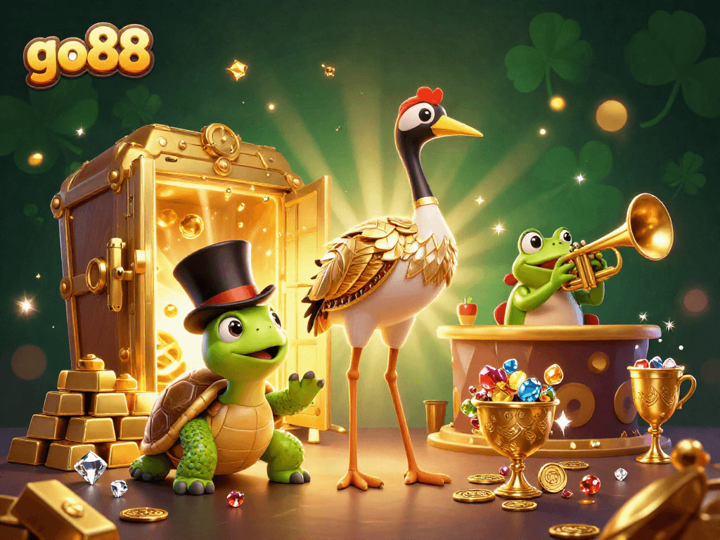 Experience the thrill of go88 with a vibrant 3D casino scene featuring dynamic characters and winning treasures.