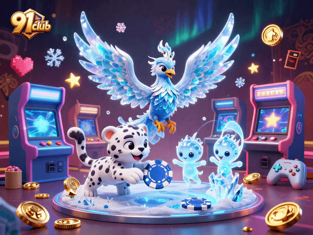 Experience the thrill of 91club casino gaming with a colorful and dynamic 3D illustration.