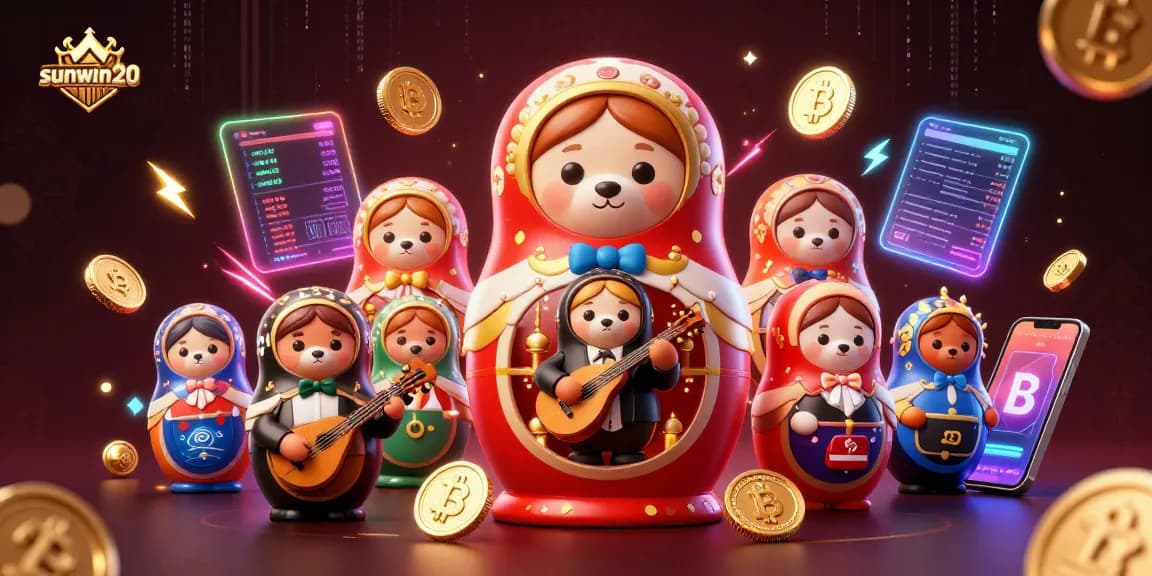 Experience the vibrant world of sunwin20 with a joyful Matryoshka bear amidst casino dealer bears and crypto coins.