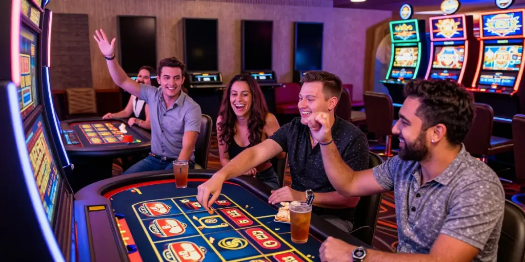 Celebration at a casino featuring slots not on gamstop with friends enjoying a jackpot win.
