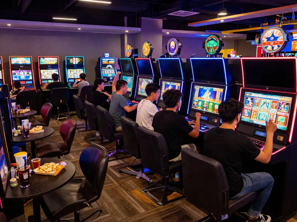 Exciting gaming lounge with players enjoying slots not on Gamstop, colorful machines, and vibrant atmosphere.