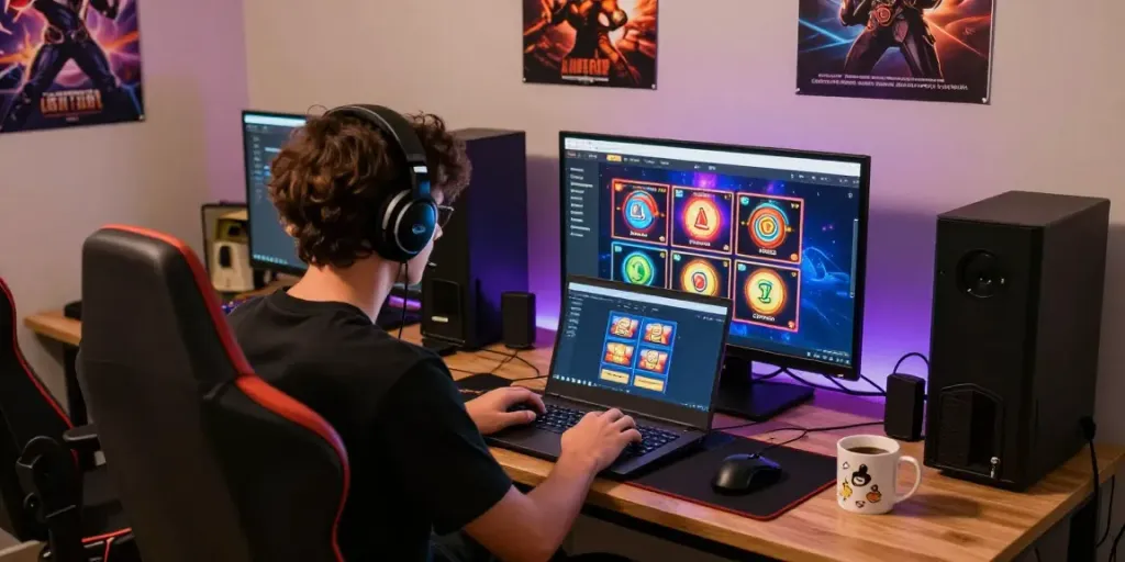 Engaging scene illustrating a gamer exploring slots not on GamStop at a cozy setup with vibrant lighting.