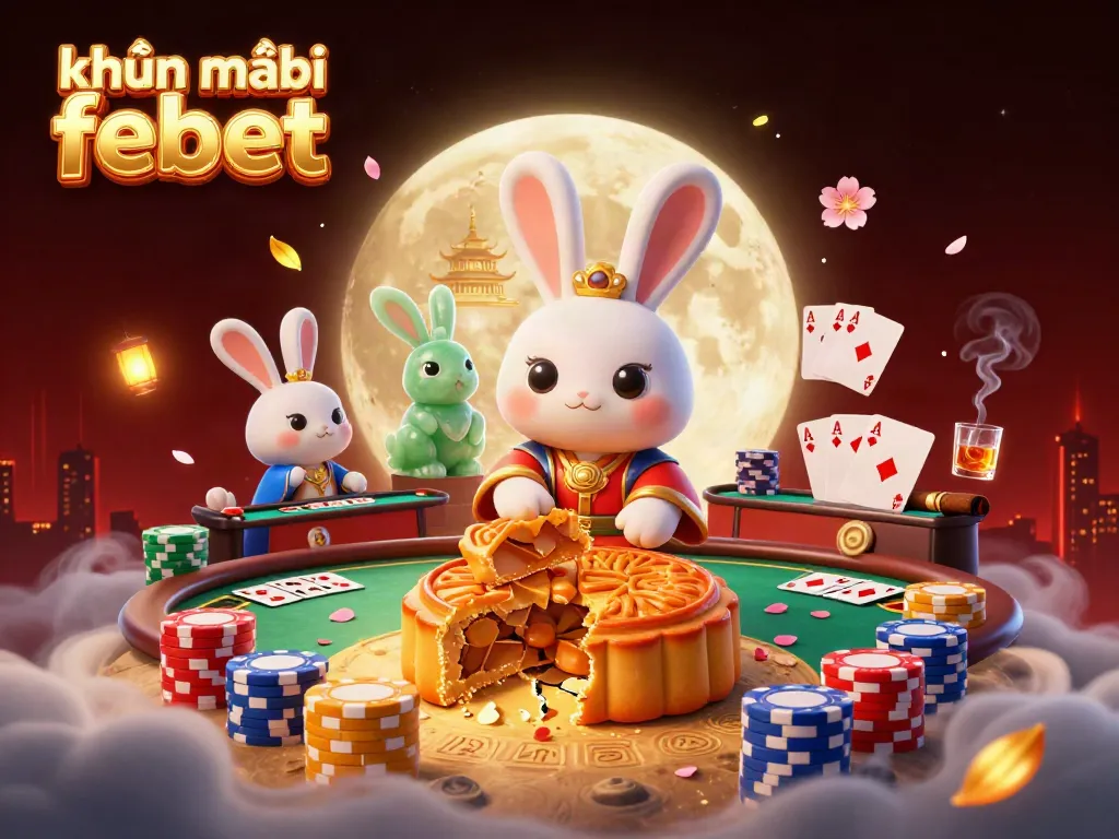 Engage with "khuyến mãi febet" as a moon rabbit reveals poker chips in a vivid 3D casino scene.