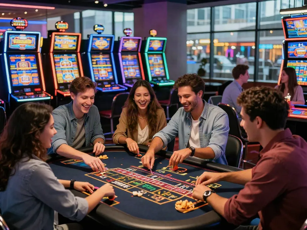 Friends enjoying slots not on gamstop at a lively casino, featuring colorful machines and a festive atmosphere.