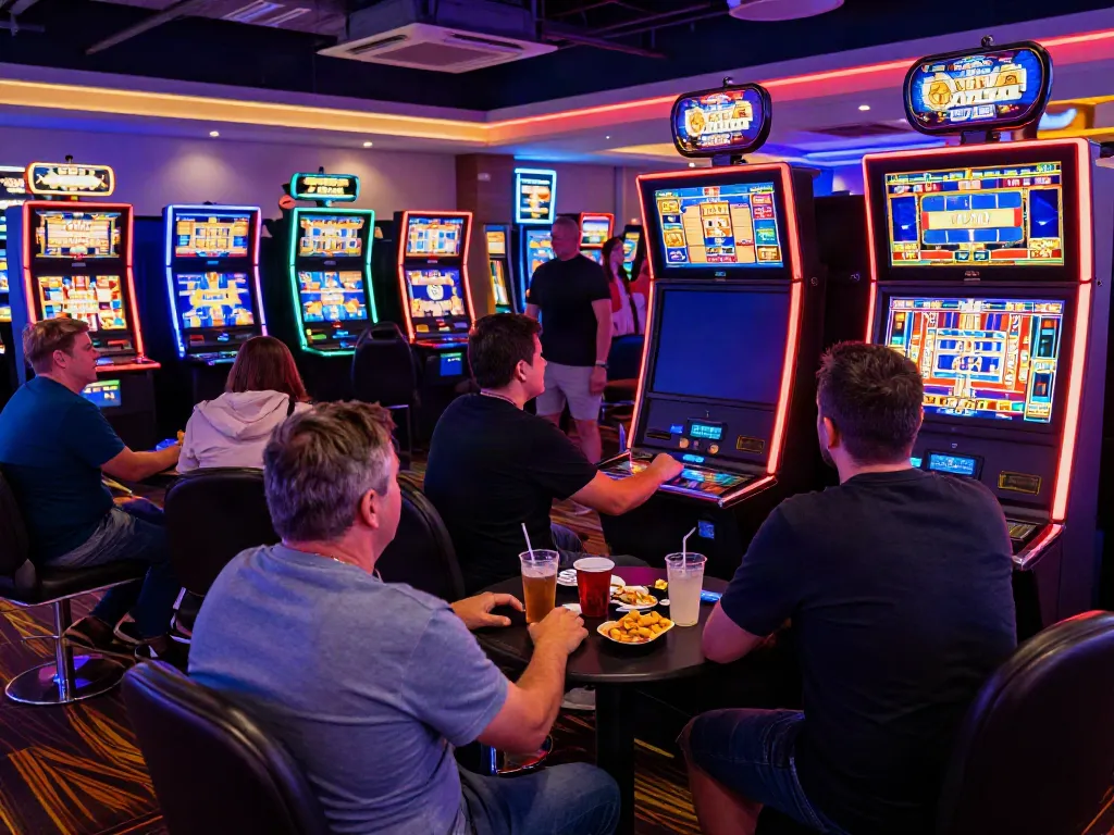 Players enjoying slots not on GamStop in a vibrant casino.