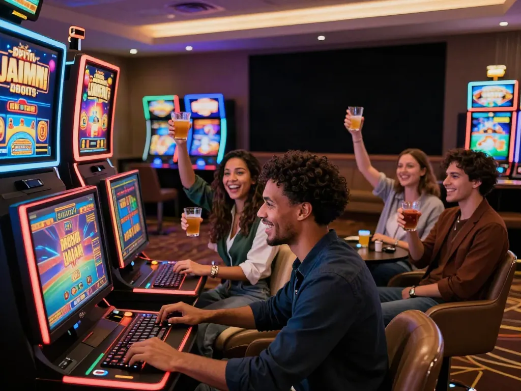 Friends celebrating while playing slots not on Gamstop at a vibrant casino lounge.