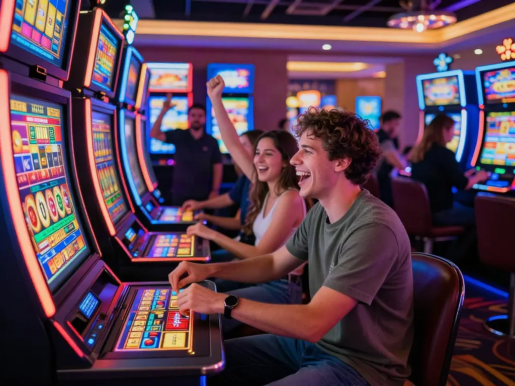 Player enjoying slots not on GamStop at a vibrant casino, celebrating wins.