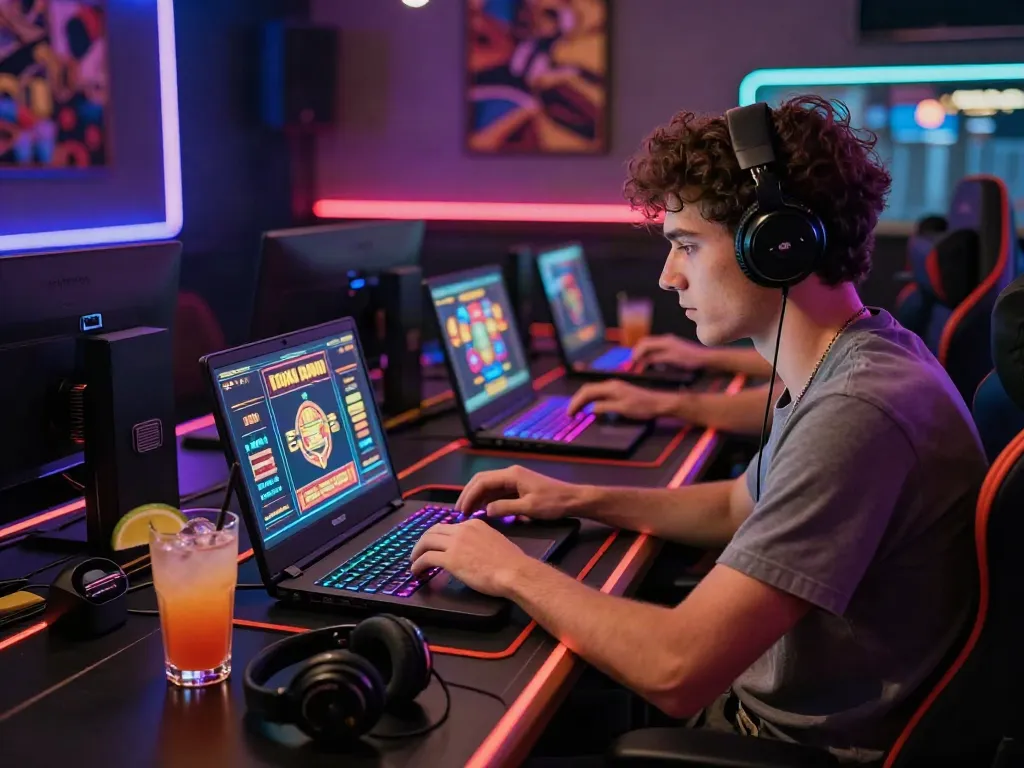Exciting online gaming scene with a player engaged at a laptop playing slots not on Gamstop in a stylish gaming room.