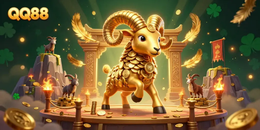 Witness the thrilling rush of QQ88 as the golden ram charges through a dazzling casino scene.