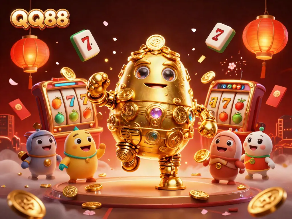 Engage in thrilling gameplay at QQ88 with a dynamic golden golem and animated slot elements.