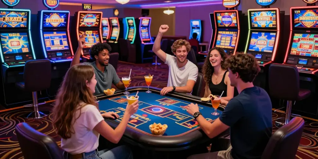 Group of friends celebrating at a casino gaming table, experiencing slots not on gamstop.