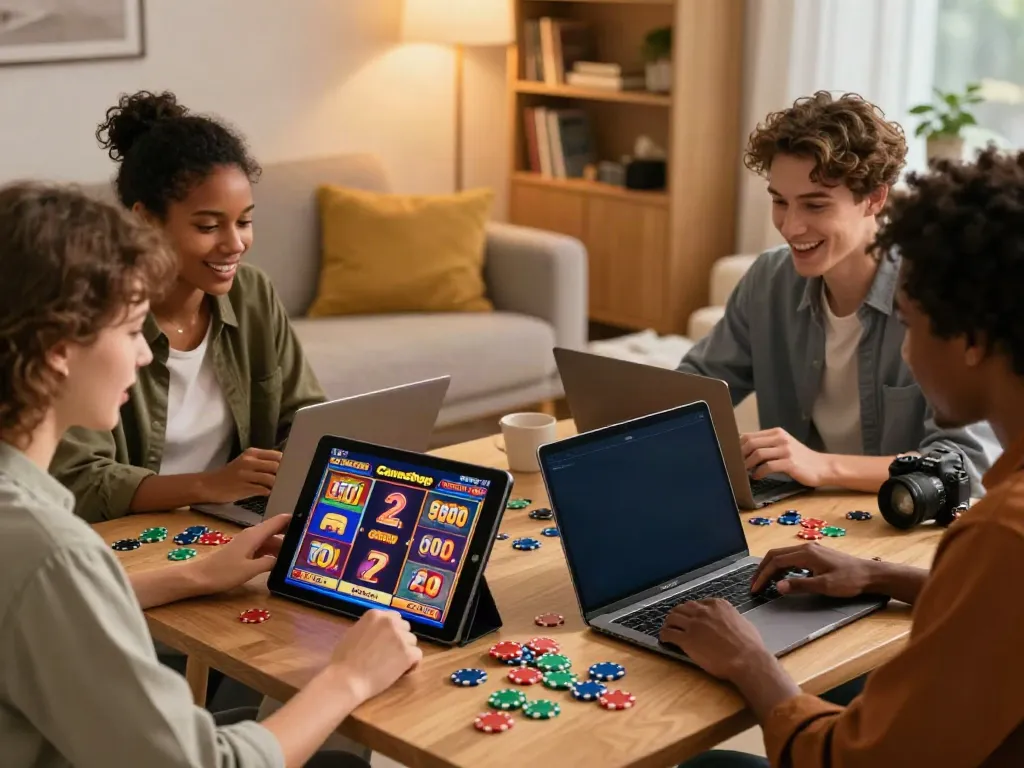 Friends enjoying slots not on GamStop in a cozy living room setting.