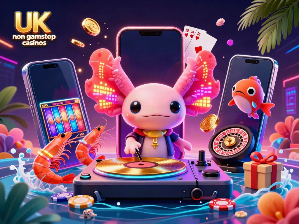 Experience the excitement of UK non gamstop casinos with a vibrant animated casino scene showcasing a neon-colored axolotl DJ and playful sea creatures.