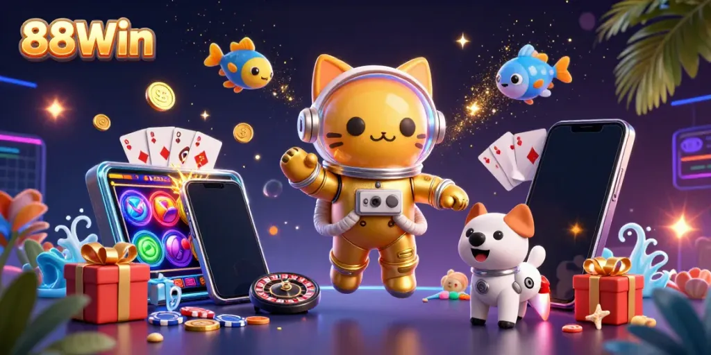 Experience thrilling gameplay with 88Win as a cat astronaut and robot dog explore exotic casino worlds.