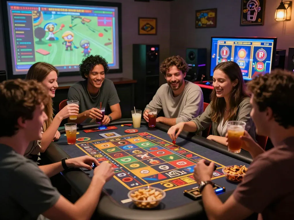 Exciting gaming scene with friends enjoying slots not on gamstop games with snacks and drinks.
