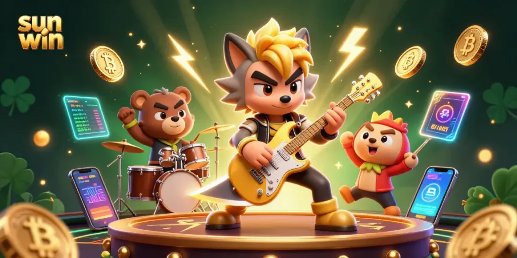 Engage with sun win action at the casino with a vibrant 3D scene featuring musical characters and vibrant game elements.