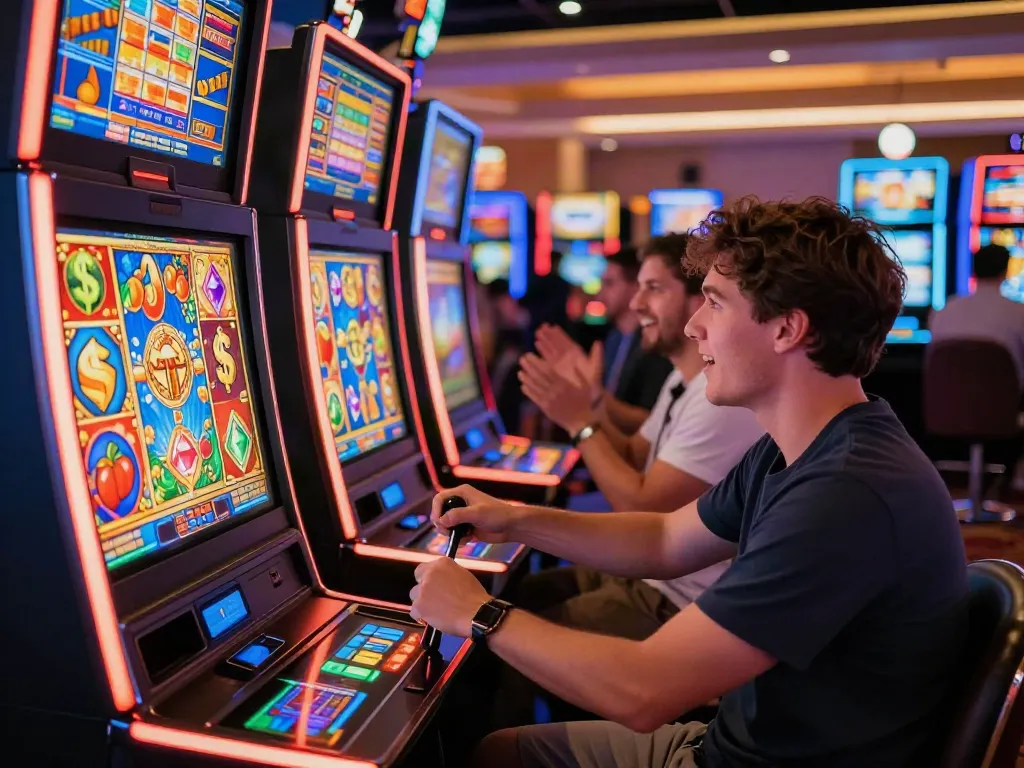 Player enjoying a slot not on Gamstop at a vibrant casino, colorful games and lively atmosphere.