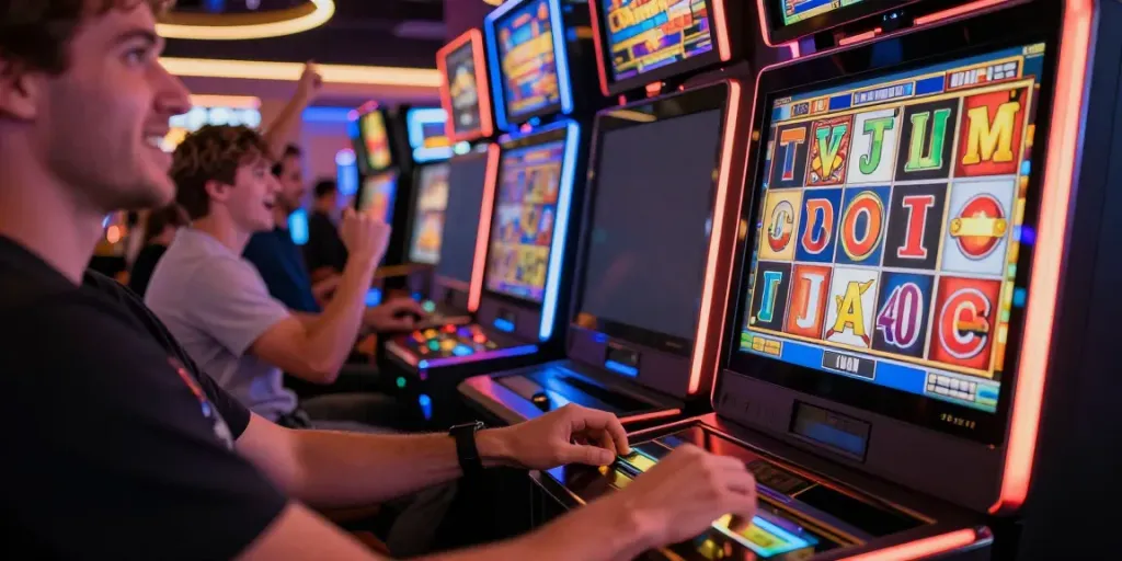 Players enjoying slots not on Gamstop in a lively casino atmosphere.