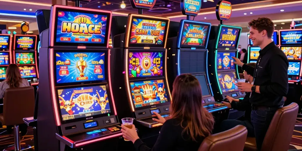 Players enjoying slots not on GamStop in a lively casino environment with vibrant lighting.