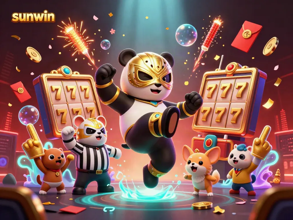 Experience the excitement of sunwin with a dynamic scene featuring a wrestling panda and lively animal fans in a casino setting.