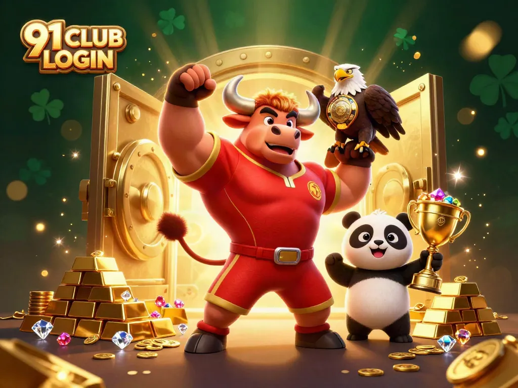 Experience thrilling gameplay with 91 CLUB LOGIN as the bull mascot and friends celebrate victory in a vibrant casino scene.