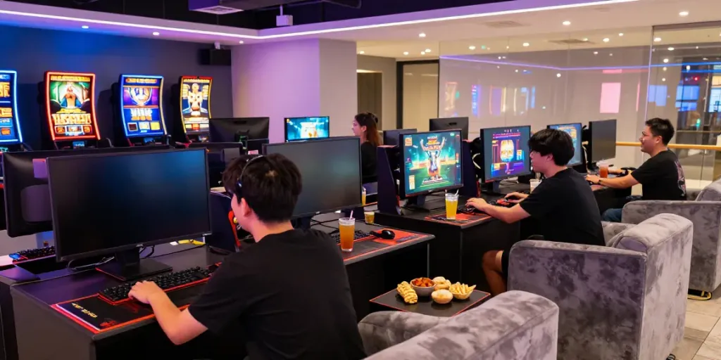 Players enjoying slots not on GamStop in a vibrant gaming lounge.