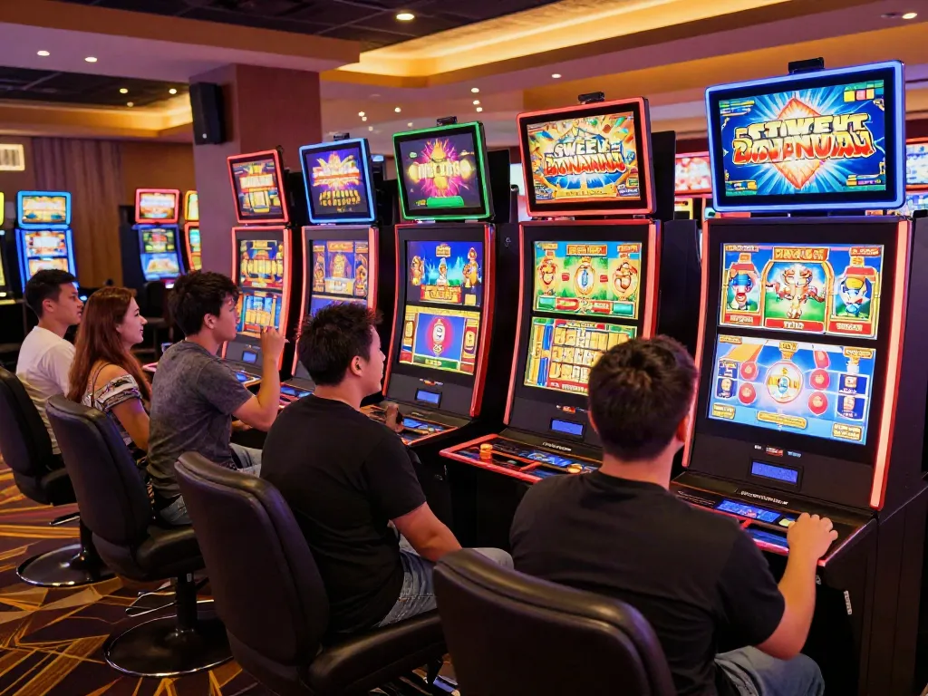 Players enjoying slots not on gamstop in a lively casino atmosphere.